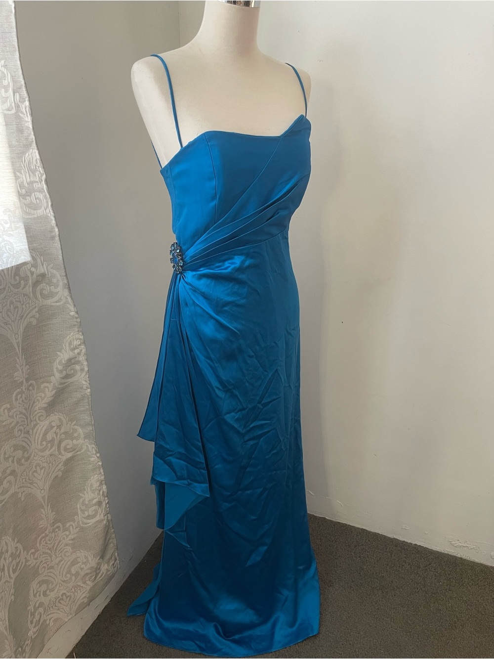 Marc Bouwer Teal-Blue Silk Spaghetti-Strap Evening Gown